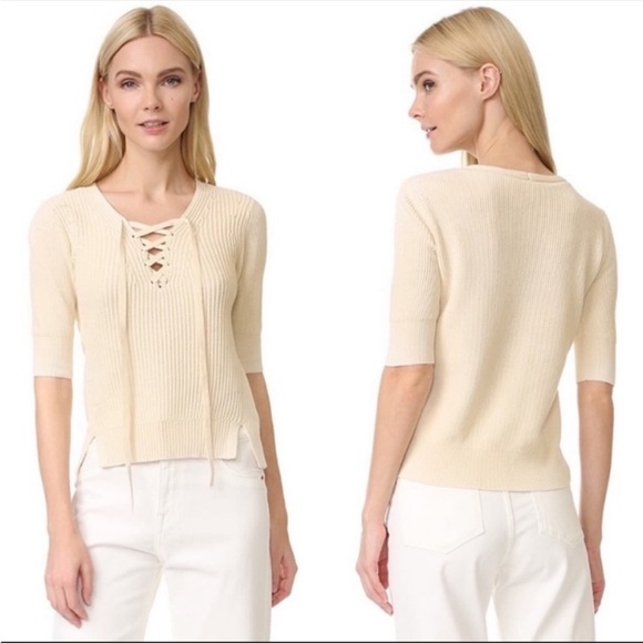 Veronica Beard Marley Cream Lace up Textured Knit Sweater ribbed half sleeve - Picture 2 of 7